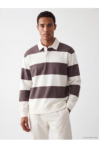 Lcw Vision Bej Polo Yaka Çizgili Erkek Sweatshirt