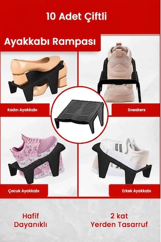 10 Adet Çiftli Ayakkabı Rampası, Dolap İçi Düzenleyici, Çift Başına 2 Kat Yer Tasarrufu Siyah