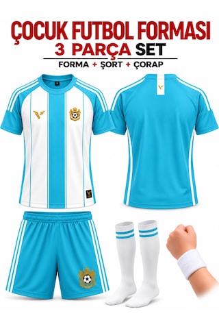 Yenteks İsim Yazılır Çocuk Futbol Forması Açık Turkuaz Özel Tasarım 4 Parça Forma+şort+çorap+bileklik