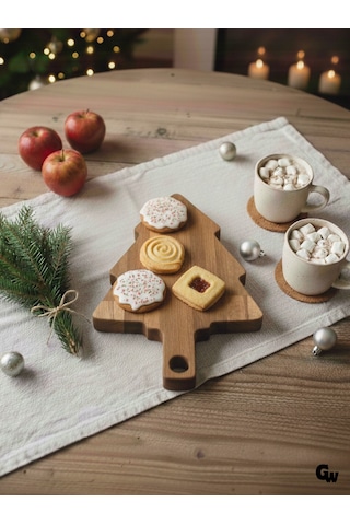 Yılbaşı Sunum Tahtası Noel Çam Ağacı Doğal Ahşap Sunum Tabağı Kayın / Gürgen 1 Adet Ahşap