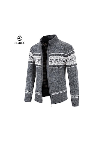 Erkek Kalın Örme Hırka Dik Yaka Fermuarlı Kazak Ceket Gri