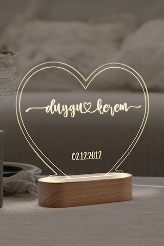 Çiftler İçin Konturlu Kişiye Özel Ledli Gece Lambası Masif Ahşap Tabanlı Usb Kablolu Pleksi Led Gece Lambası