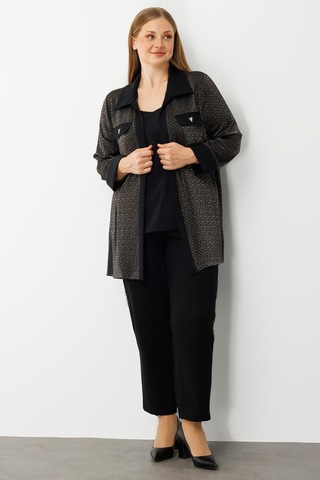 Moda İlgi Kadın Büyük Beden Cep Kapaklı Desenli İkili Takım 0303 Siyah Siyah