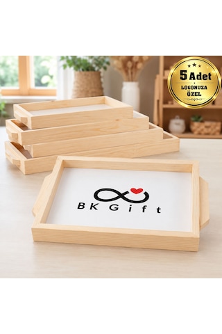 Logonuza Özel 5 Adet Doğal Çam Ahşap Tepsi 37,5x23,5 Cm Metal Baskı Alanlı