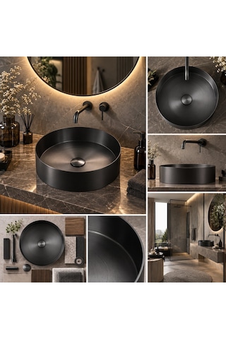 Alfas Aura Round 40 Cm Pvd Antrasit Mat Siyah Tezgah Üstü Çanak Lavabo 304 Paslanmaz Çelik Gun Black