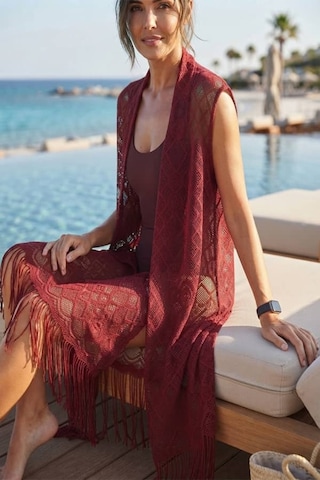 Maşuka Dantel Detaylı Püsküllü Plaj Pareosu Ve Kolsuz Kimono, Yelek Aksesuar Bordo Bordo