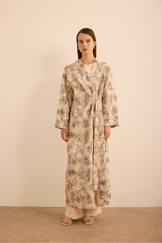 Aker Yaprak Desenli Keten Yandan Bağlamalı Kimono Ekru Ekru