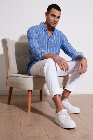 Buratti Pamuklu Çizgili Regular Fit Düğmeli Yaka Erkek Gömlek Cf21S112480 Saks-Beyaz