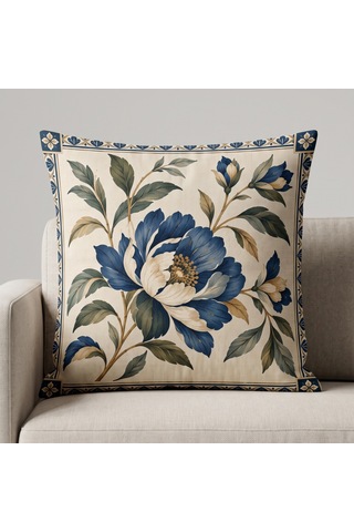 4'lü Klasik Madalyon Ve Botanik Desenli Dekoratif Kırlent Kılıfı Takımı - 43x43 Cm Çift Taraflı Lacivert - Haki Lacivert