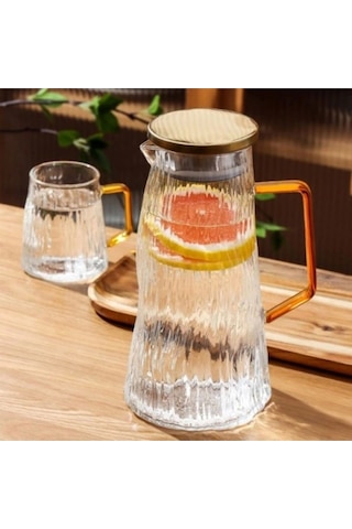 Morponi Borosilikat Cam Metal Kapaklı Lüks Cam Sürahi 1800 Ml Amber Dalgalı Mt