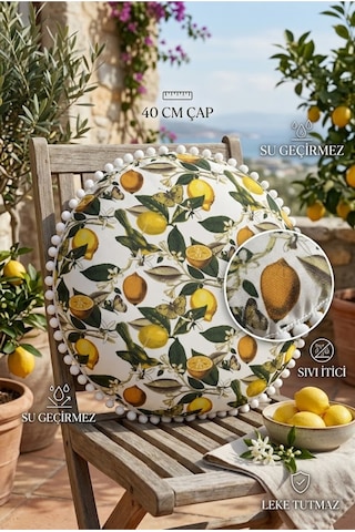 Yuvarlak Minder 40 Cm Ponponlu Limon Desenli Su Geçirmez Sıvı İtici Bahçe Balkon Minderi Çok Renkli