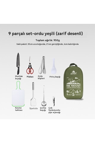 Açık Ocak Dokuz Parçalı Kamp Barbekü Paslanmaz Çelik Kesici Kesme Tahtası Ordu Yeşil Baskı 9 Parça Seti Yeşil