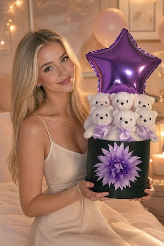 Lüks Mor Yıldız Balonlu 6'lı Peluş Ayıcık Hediye Kutusu Sevgiliye, Kıza Romantik Hediye