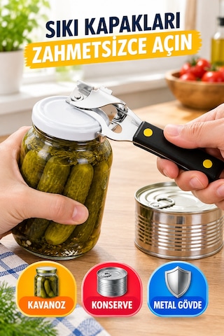 Metal Kavanoz Kapağı Ve Konserve Açacağı Siyah Saplı Çok Amaçlı Pratik Kapak Açıcı Gümüş
