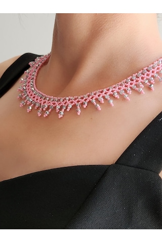 Etnik Bohem Pembe Gümüş Salkım Model Kum Kristal Boncuk Kolye El Yapımı Pembe