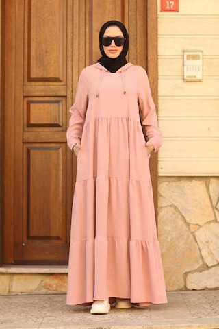 Neways 6531-Krep Kapüşonlu Reglan Kollu Elbise Pudra