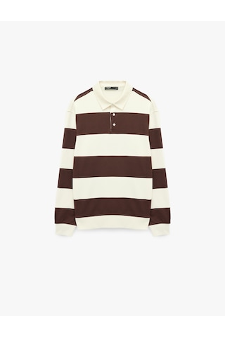 Koton Uzun Kollu Rahat Kalıp Çizgili Düğmeli Polo Yaka Sweatshirt Bordo Çizgili 7wam70058mk