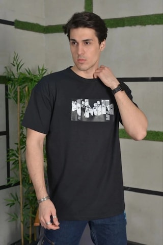 Moda Assema Erkek Bisiklet Yaka Baskılı Kısa Kol Oversize T-shirt - Siyah Çok Renkli