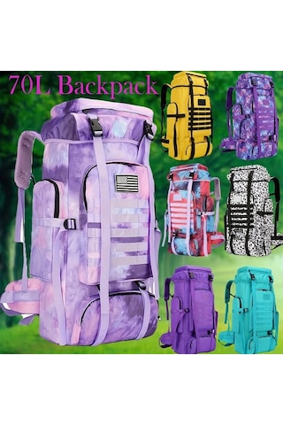 Dashanshop 70l Hafif Hafif Sırt Çantası Büyük Kapasiteli Ayarlanabilir Omuz Askılı Outdoor Kampçılık Purple Pembe Çizgili Desen Amerikan Bayrağı Yaması Altın