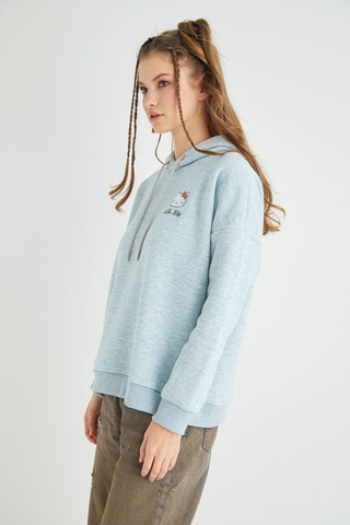 Hello Kitty Lisanslı Baskılı Kapüşonlu Fit Yeşil Sweatshirt Renkli
