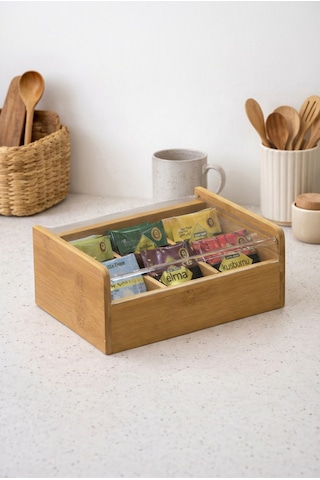 Makri Home Bambu Çay Kutusu Şeffaf Kapaklı Poşet Çay Saklama Organizatörü Bölmeli Tea Box Bambu