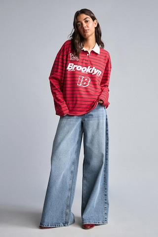 Defacto Oversize Polo Yaka Çizgili Baskılı Kalın Kumaş Sweatshirt H5841ax26wnrd227 Kırmızı-rd227