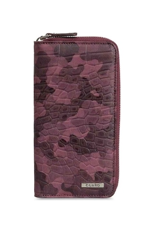 Guard Bordo Kamuflaj Baskılı Hakiki Deri Fermuarlı Cüzdan Erkek / Kadın P3016 Bordo