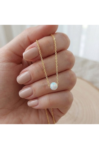 925 Ayar Gümüş Beyaz Küre Opal Taşlı Altın Kaplama Kolye Gold