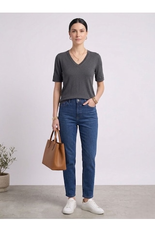 Neden Tekstil Kadın V Yaka Kısa Kollu Basic T-shirt - Antrasit