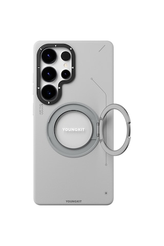 Galaxy S25 Ultra Kılıf Magsafe Uyumlu 360 Standlı Mat Deri Youngkit Tech Leather Kapak Gri