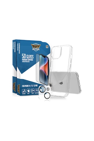 Buff Apple iPhone Uyumlu 14 - 2x5d Ekran Koruyucu + Şeffaf Kılıf + Lens Koruyucu Glass