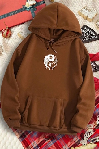 Uyguntarz Unisex Cartoon Face Siyah Beyaz Hoodie Kahverengi