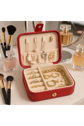 Deri Mini Baklava Desenli Seyahat Takı Bijuteri Mücevher Kutusu Organizer Düzenleyici 11,5cm Kırmızı