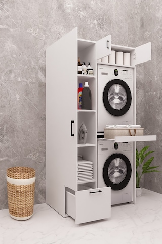 Mdf Çamaşır Makinesi Ve Kurutma Makinesi Dolabı Ütü Masalı Beyaz
