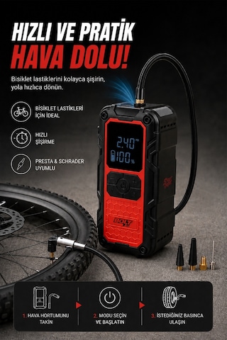 Bolt 001 Taşıma Çantalı 4' Ü 1 Arada Akü Takviye Cihazı Şarjlı Lastik Şişirme Powerbank Led Işık