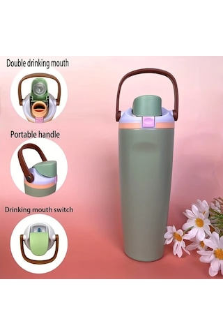 Brightnova Style 5 30oz 900ml Paslanmaz Çelik Termos Matara Spor Seyahat Taşınabilir Çift Kulplu 07 Beyaz