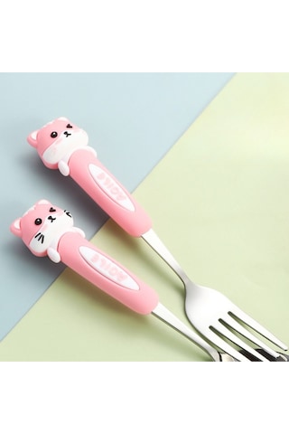 Pembe Renk Tavşan Figürlü Premium Çocuk Bpa Free Paslanmaz Çelik Uçlu Çatal-kaşık Set 24+ Ay