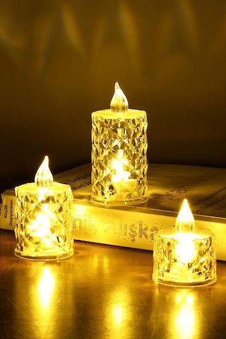 3lü Elmas Kristal Desenli Led Mum Seti Pilli Dumansız Alevli Ledli Dekoratif Yapay Mum Şeffaf