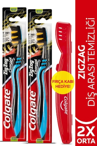 Colgate Zigzag Charcoal Diş Arası Temizliği Orta Diş Fırçası 2'li + Diş Fırçası Kabı