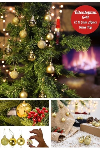 12 Adet Gold 2,5 Cm Mini Yılbaşı Topu, Noel Çam Ağacı Topu, Süs Topu