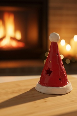 Noel Şapka Seramik Mumluk- Büyük Çok Renkli