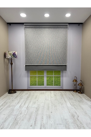 Çift Mekanizmalı Gri Çizgili Desenli Tül Ve Gri Stor Perde - İthal Mat Polyester Gri