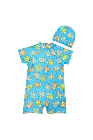 Lolliboomkids Çocuk Kısa Kol Hassas Ten Güneş Koruma Sevimli Kaplumbağa Tema Mayo Bone Takım Turtles