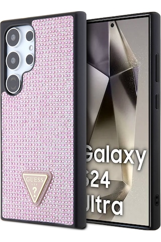 Galaxy S24 Ultra Uyumlu Kılıf Guess Lisanslı Taşlı Arka Yüzey Üçgen Logolu Kapak Pembe