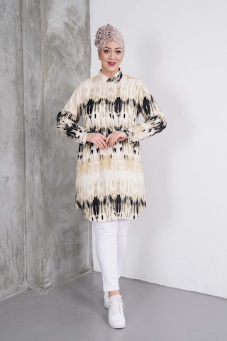 Polologin Butik Siyah Bej Desenli Gömlek Tunik Siyah & Bej