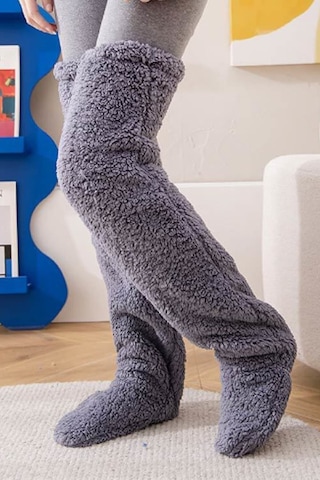 Sauna Suit Gri Sock Peluş Uyku Çorabı Welsoft Diz Üstü Oda Çorabı Ayak Isıtıcı Uzun Gonç Çorap Gri