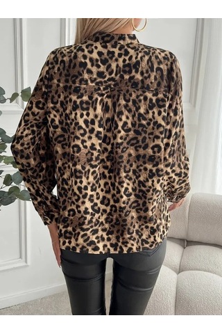 Buğrahayalin Kadın Uzun Kollu V Yakalı Modal Leopar Desenli Bluz Leopar