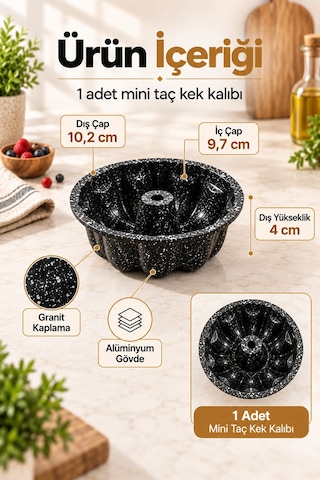 Mini Taç Kek Kalıbı 10 Cm, Granit Kaplamalı Porsiyonluk Tekli Kek Kalıbı Siyah