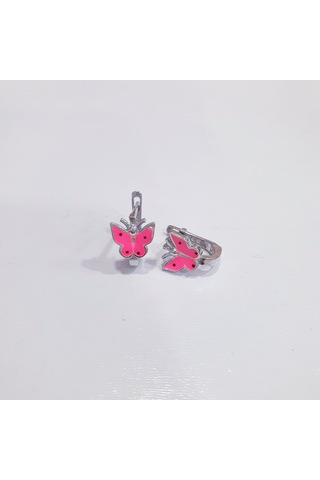 Pembe Kelebekli Gümüş Çocuk Küpesi Gümüş Renk