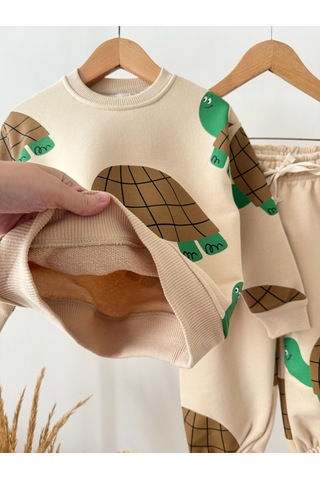 Magu Çocuk Oversize Kaplumbağa Desenli Bej Sweatshirt Ve Eşofman Altı Takımı Çok Renkli